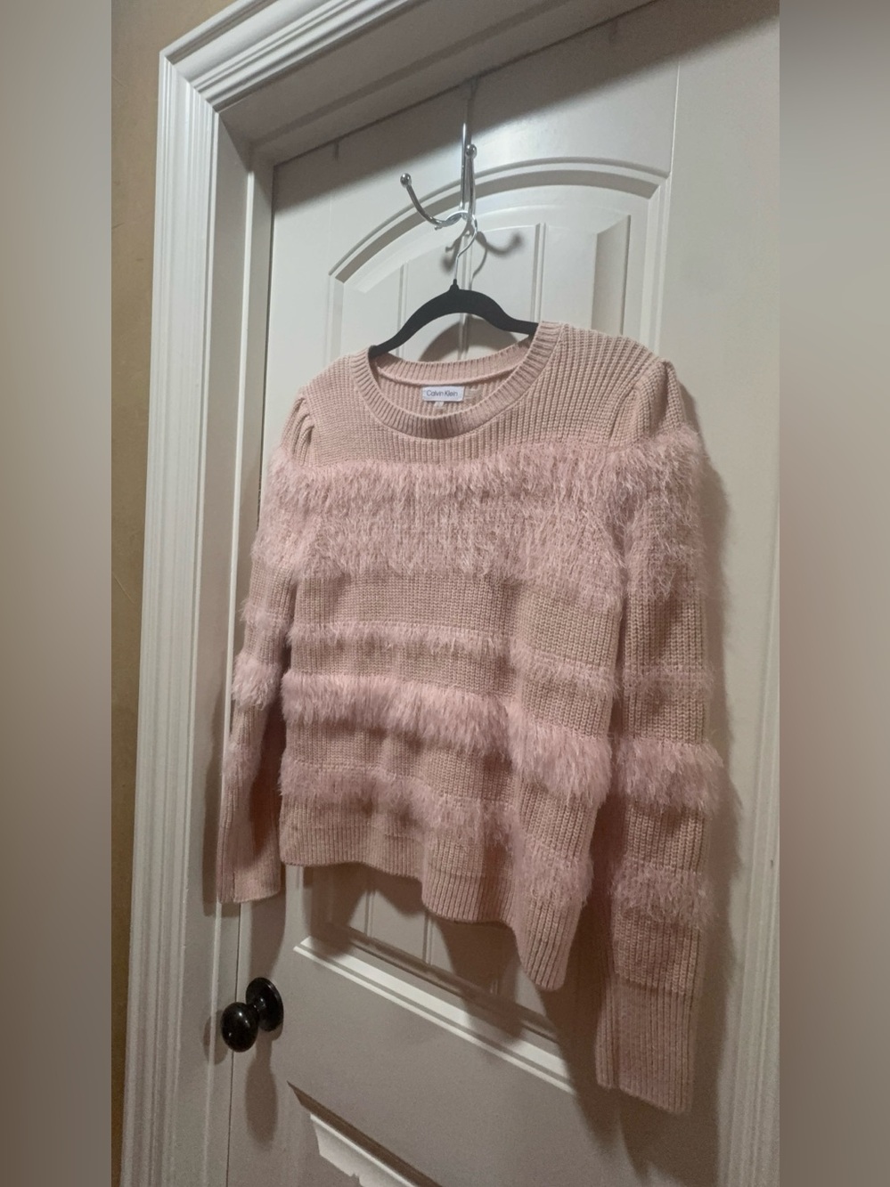 Calvin Klein Pink Textured Stripe Eyelash Knit Pullover Sweater - Size Small